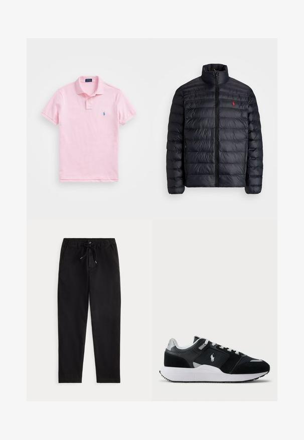 Black puffer jacket with a high collar, featuring quilted texture and a front zipper. Notable red logo on the chest, two side pockets.; Light pink polo shirt made of cotton, featuring a two-button placket, short sleeves, and a small blue embroidered logo on the chest.; Black casual trousers with elastic waistband, drawstring tie, front button, and side pockets, displayed on a plain background.; Black and white low-top sneaker with mesh and suede upper, white laces, white sole, and a polo player logo on the side.