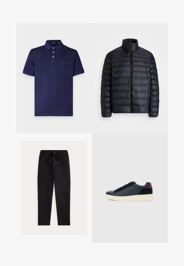 Melnā pūkainā jaka ar augstu apkakli, ar kvadrātkūtīgu tekstūru un priekšējo rāvējslēdzēju. Ievērojams sarkans logos uz krūtīm, divas sānu kabatas.; Polo Ralph Lauren Polo krekls - cruise navy; Melnas, brīva griezuma bikses ar elastīgu jostu, auklu un priekšējiem kabatām. Izgatavotas no gludas, vieglas auduma.; Zemāko vīriešu sporta apavu modelis melnā ādas un zamša apdarē ar bordo krāsas papēža cilpu un baltu gumijas zoli, skatoties no ārējās puses.