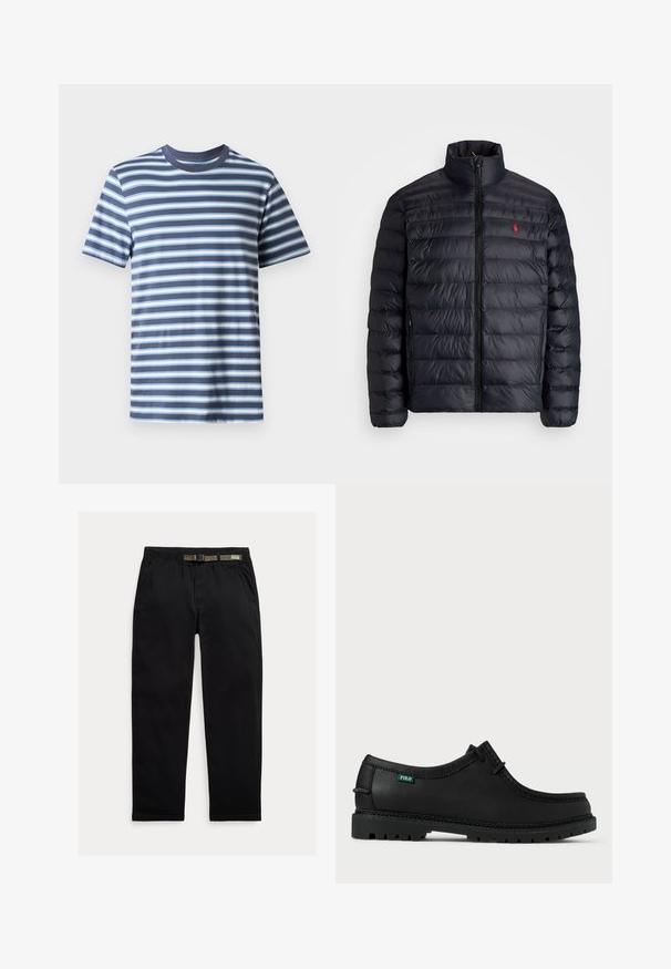 Svart pufferjacka med hög krage, med kviltad struktur och dragkedja fram. Anmärkningsvärd röd logotyp på bröstet, två sidofickor.; Randig T-shirt i marinblått med ljusblå och vita horisontella ränder. Klassisk rundhalsad design, tillverkad av mjukt bomullstyg.; Svarta byxor tillverkade av lättviktigt tyg, med en elastisk midja och ett integrerat grönt bälte, rakt ben och sidofickor.; Svart lädersko med låg profil, rund tå och strukturerad sula. Har en grön "POLO"-etikett och kontrasterande sömnad längs kanten.