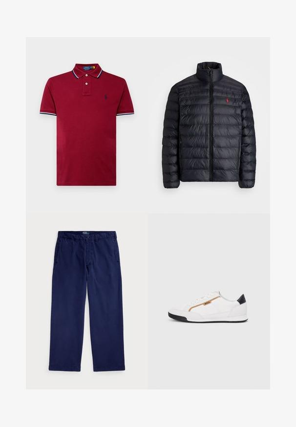 Zwarte pufferjas met hoge kraag, met een gequiltde textuur en een rits aan de voorkant. Opvallend rood logo op de borst, twee zijzakken.; Polo Ralph Lauren CUSTOM SLIM FIT MESH POLO SHIRT - Poloshirt - red carpet; Marineblauwe katoenen chino's met een recht ontwerp, voorzien van zijzakken en een knoopsluiting in de taille. Gladde textuur, klassieke pasvorm.; Witte sportieve schoenen met gaas- en lederen accenten. Voorzien van een gouden "BOSS" logo, gestructureerde zijpanelen en een zwarte hakkap. Rubberen zool.