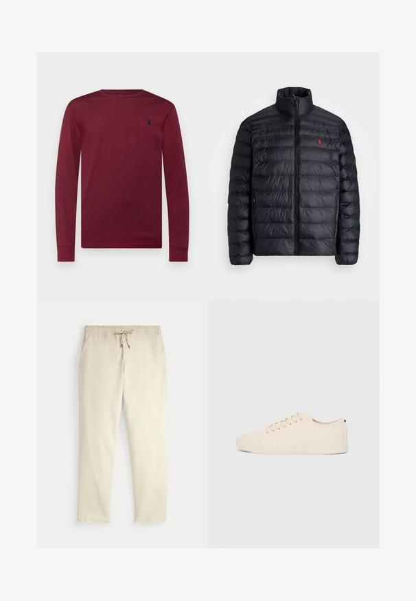 Black puffer jacket with a high collar, featuring quilted texture and a front zipper. Notable red logo on the chest, two side pockets.; Polo Ralph Lauren CUSTOM SLIM JERSEY LONG-SLEEVE T-SHIRT - Long sleeved top - vintage port heather; Off-white casual pants with elastic waistband and drawstring, straight legs, and side pockets against a plain background.; Beige canvas sneakers with round toe, flat rubber sole, and lace-up front. Features minimal design and a contrasting black accent at the heel.