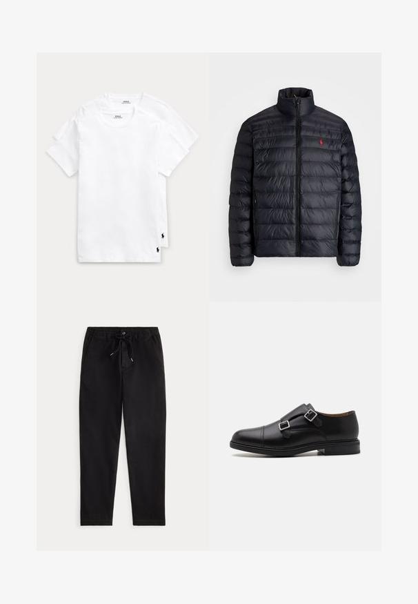 Must läikiv must puffer-jakk kõrge kraega, millel on distsiplineeritud õmmeldud tekstuur ja ettepoole avanev lukustus. Silmapaistev punane logo rinnal ja kaks küljetaskut.; Kaks valget puuvillast t-särki, millel on ümarad kaelused ja lühikesed varrukad ning alumises vasakus nurgas väike must polo-logo.; Mustad mustad püksid elastse vöökoha, stringi sõlme, ees oleva nupuga ja küljetaskutega, esitatud ühetoonilise tausta peal.; Must musta lähedane king, millel on topelt luku sulgemine, ümar varvas, peened õmblused ja lame, tekstureeritud kummitald.