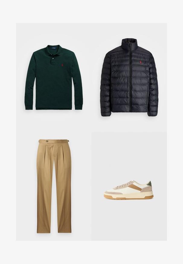 Black puffer jacket with a high collar, featuring quilted texture and a front zipper. Notable red logo on the chest, two side pockets.; Long-sleeve polo shirt in dark green cotton, featuring a collared neckline, two buttons, and a small red logo on the left chest.; Beige trousers with a straight fit, featuring pleats, a button closure, and belt loops. Smooth fabric with a clean, tailored look.; Sneakers in beige, cream, and olive green, featuring suede and leather materials, a round toe, minimalistic design, and a rubber sole.