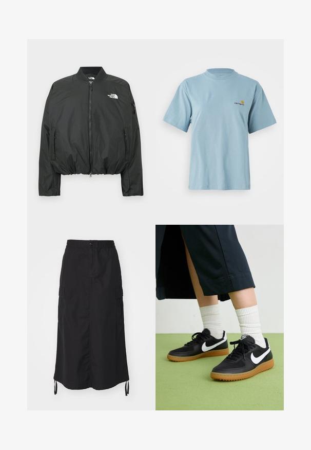 Crna bomber jakna s patentnim zatvaračem, rebrastim ovratnikom i elastičnim rubom. Ima logotip na prsima i bočne džepove s patentnim zatvaračima. Glatki, lagani materijal.; Svijetloplavi kratki pamučni majica s kratkim rukavima, okruglim izrezom i malim žutim i crvenim Carhartt logom na lijevoj strani prsiju.; Crna suknja srednje dužine izrađena od lagane tkanine. Ima elastičnu pasicu, kopčanje na dugme i bočne džepove s detaljima od rastezljive vezice.; Crne kožne i sintetičke tenisice s bijelim Nike swooshom, gumeni potplat, okrugli vrh i crne vezice. Vidljive rebraste bijele čarape.