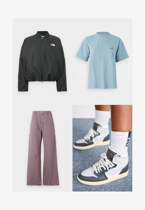 Black bomber jacket with a zip closure, ribbed collar, and elasticized hem. Features logo on the chest and side zip pockets. Smooth, lightweight material.; Light blue short-sleeve cotton t-shirt with round neck and small yellow and red Carhartt logo on left chest.; Wide-leg pants in dusty mauve cotton, featuring a front button closure, side pockets, and stitched detailing along the seams.; Jordan AIR JORDAN 1 HIGH METHOD OF MAKE - High-top trainers - anthracite/neutral grey/sail