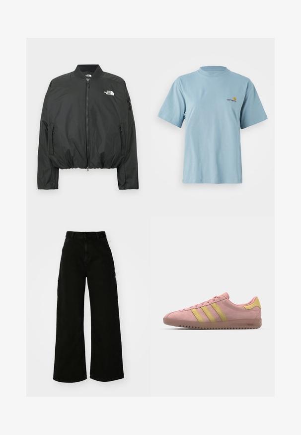 Mustast bomberjakk, millel on tõmblukuga sulgemine, soonikkoes krae ja elastne ääris. Rinnal on logoga detail ja külgedel tõmblukuga taskud. Materjal on sile ja kerge.; Hele sinine lühikeste varrukatega puuvillane T-särk ümmarguse kaelusega ja vasakul rinnal väike kollane ja punane Carhartti logo.; Must musta laiad jõhkrad püksid, mis on valmistatud denimist, kõrge vöökoha, esise nupu sulgemise ja küljetaskutega. Sile tekstuur minimaalse õmblusega.; Roosa seemisneaker kolme kollase triibuga, ümar varvas ja tekstureeritud kummitald. Madala profiiliga disain kangast kaelusega.