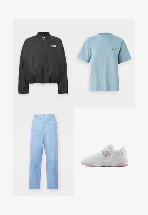 Chaqueta bomber negra con cierre de cremallera, cuello acanalado y dobladillo elástico. Presenta un logo en el pecho y bolsillos laterales con cremallera. Material liso y ligero.; Camiseta de algodón de manga corta en azul claro con cuello redondo y pequeño logo de Carhartt en amarillo y rojo en el lado izquierdo del pecho.; Pantalones de mezclilla azul claro con un diseño de pierna recta, cierre de botón y bolsillos delanteros. La tela tiene una textura sutil con un acabado suave.; Zapatilla deportiva blanca con acentos en rosa. Presenta cuero suave, secciones perforadas y una suela de goma gruesa. Los cordones son de estilo estándar.