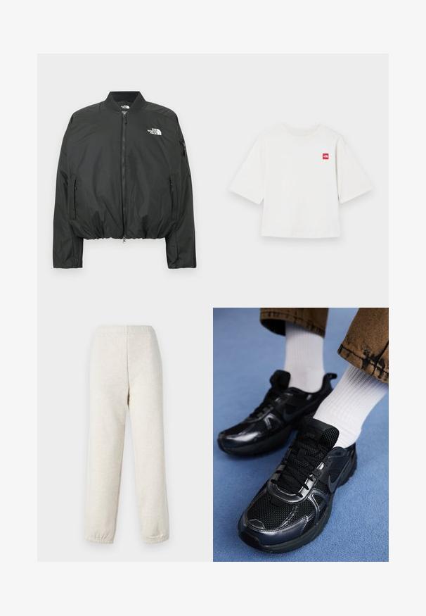 Schwarze Bomberjacke mit Reißverschluss, geripptem Kragen und elastischem Saum. Mit Logo auf der Brust und seitlichen Reißverschlusstaschen. Glattes, leichtes Material.; Weißes T-Shirt mit kurzen Ärmeln aus Baumwolle. Mit einem kleinen roten quadratischen Logo auf der linken Brustseite. Gerader Schnitt. Weicher Stoff.; Helle beige Jogginghose mit elastischem Bund und Bündchen, aus weichem, strukturiertem Stoff. Bietet eine lässige Passform und ein schlichtes Design.; Schwarze Nike Sportschuhe mit einem oberen Teil aus Mesh und glänzenden Akzenten, schwarzen Schnürsenkeln und einer strukturierten Sohle. Kombiniert mit weißen gerippten Socken.