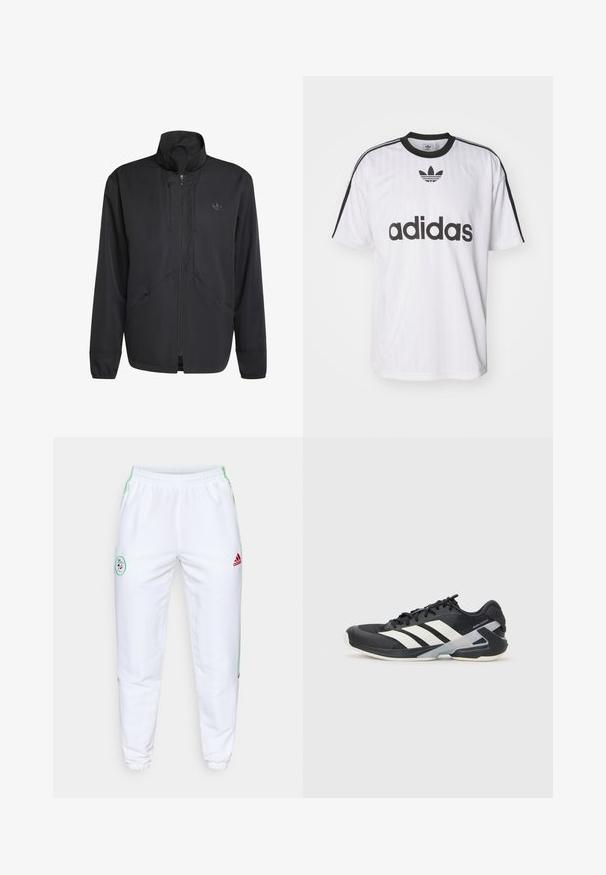 Czarna kurtka zapinana na zamek z wysokim kołnierzem, teksturowanym materiałem, bocznymi kieszeniami i subtelnym logo na klatce piersiowej. Lekka i sportowa konstrukcja.; Biała koszulka Adidas z czarnymi akcentami, okrągłym dekoltem i dużym czarnym logo z przodu. Krótkie rękawy z czarnymi paskami. Strukturalna tkanina.; Białe spodnie sportowe z elastycznym pasem, zielonymi paskami po bokach i czerwonym logo Adidas. Posiadają okrągłą naszywaną łatkę na udzie.; Czarne buty sportowe z białymi paskami, siateczkowa cholewka, zaokrąglony czubek i amortyzowana podeszwa. Posiadają teksturowany obcas i pewny system sznurowania.