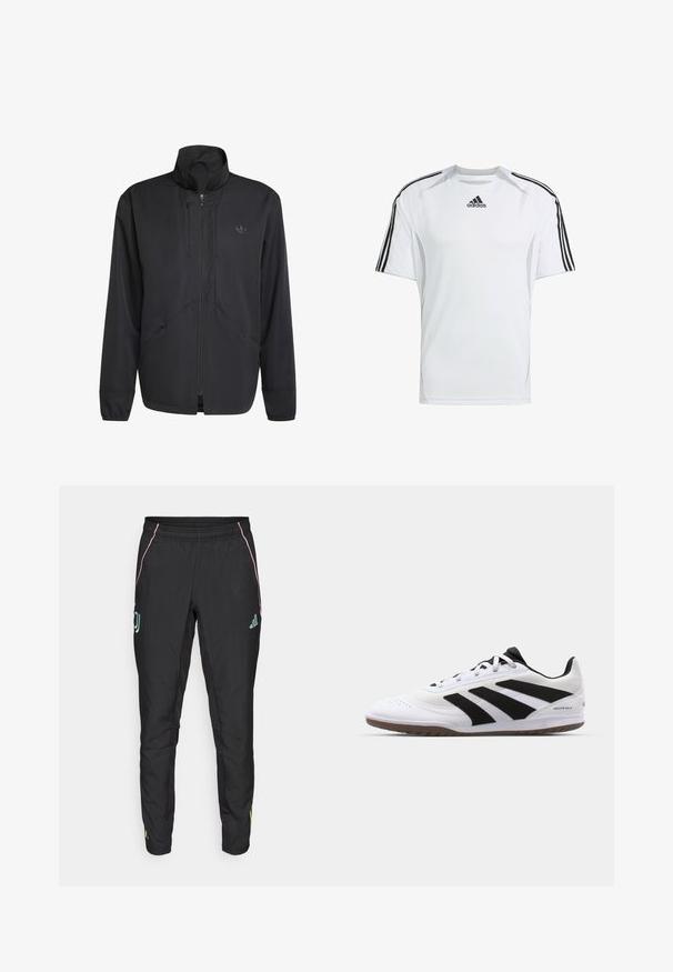 Casaco preto com fecho éclair, featuring um colarinho alto, tecido texturizado, bolsos laterais e um logo discreto no peito. Design leve e desportivo.; Camisa atlética de manga curta branca com detalhes em preto das três faixas da Adidas nos ombros, feita de um tecido suave e leve.; Calças atléticas pretas com uma textura suave. Apresentam detalhes em rosa e turquesa, cintura elástica e logótipos nas laterais.; Ténis atléticos brancos com um upper texturizado, três riscas pretas, uma biqueira lisa e uma sola de borracha clara, projetados para uso em ambientes fechados.