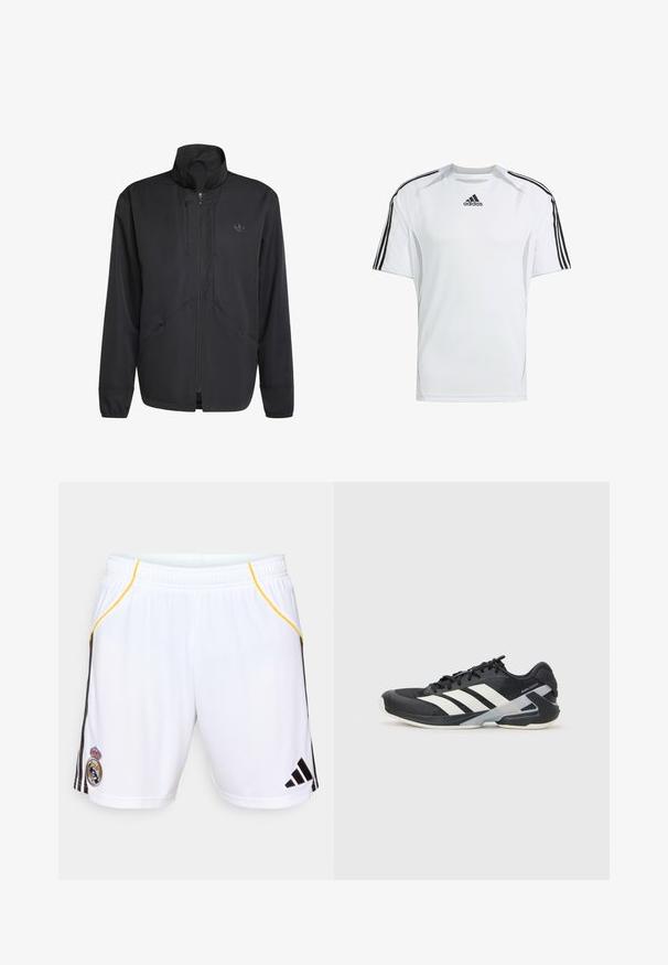 Musta vetoketjullinen takki, jossa on korkea kaulus, teksturoitu kangas, sivutaskut ja hillitty logo rinnassa. Kevyt ja urheilullinen muotoilu.; Valkoinen lyhythihainen urheilupaita, jossa on mustat Adidasin kolme raitaa olkapäillä, valmistettu sileästä ja kevyestä kankaasta.; Valkoiset urheilushortsit, joissa on mustat sivuraitat ja keltaiset yksityiskohdat, varustettu brodeeratulla symbolilla vasemmassa jalassa ja joustavalla vyötäröllä.; Mustat urheilukengät valkoisilla raidoilla, verkkomateriaalia ylhäällä, pyöristetty kärki ja pehmustettu pohja. Varustettu teksturoidulla kantapäällä ja turvallisella nauhoitusjärjestelmällä.