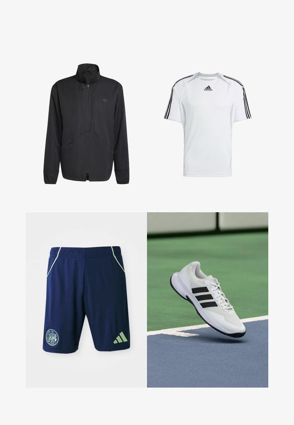 Čierna predná bunda na zips s vysokým golierom, textúrovanou tkaninou, bočnými vreckami a jemným logom na hrudi. Ľahký a športový dizajn.; Biele krátke rukávy športové tričko s čiernymi Adidas trojpruhmi na pleciach, vyrobené z hladkej, ľahkej tkaniny.; Námorné športové šortky s zelenými akcentmi, elastickým pásom, bočnými vreckami, logom a trojpruhovým dizajnom na dolnej časti nohavíc.; Biela športová obuv s čiernymi doplnkami, štruktúrovaným sieťovinovým zvrškom a šnurovacím systémom. Položená nad modrým povrchom ihriska s zeleným pozadím.