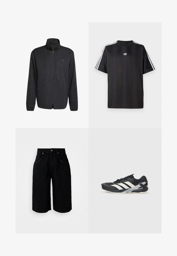 Juodas zip-up švarkas su aukštu apykakle, tekstūrinė audinys, šoniniai kišeniai ir subtilus logotipas ant krūtinės. Lengvas ir sportiškas dizainas.; Juodas trumpomis rankovėmis marškinėliai su balta trimis juostelėmis ant pečių ir mažai balta logotipo krūtinėje. Lygus audinio tekstūra.; Juodi džinsiniai šortai su tiesaus kirpimo dizainu, penkiomis kišenėmis, metaliniu sagstymu ir subtilia tekstūra. Apačia baigta švariu pjūviu.; Juoda sportinė avalynė su baltais dryžiais, tinklinis viršus, apvalus pirštas ir paminkštinta padais. Yra tekstūruota kulno dalis ir saugi raištelių sistema.