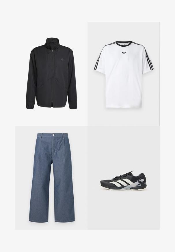 Must musta kinnitusega jope, millel on kõrge kaelus, tekstuuriga kangas, küljetaskud ja diskreetne logo rinnal. Kerge ja sportlik disain.; Valge puuvillane T-särk, millel on must ümmargune kaelus ja kolm musta triipu igal õlal. Rinnal väike must logo.; Kerge denimipüksid tumedas sinises toonis, millel on kõrge vöökoht, laiad sääred, ees olevad voldid ja nupuvajutus.; Mustad sportlik jalanõud mustade värvidega, valgete triipudega, võrgusilma pealmine osa, ümar varvas ja pehme tallaga. Omab tekstureeritud kontsa ja kindlat paeltesüsteemi.