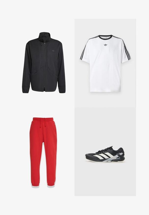 Fekete, cipzáros dzseki magas gallérral, textúrált anyagból, oldalsó zsebekkel és diszkrét logóval a mellkason. Könnyű és sportos dizájn.; Fehér pamut póló, fekete kerek nyakkal, mindkét vállán három fekete csíkkal. Kis fekete logó a mellkason.; Piros, puha anyagból készült melegítőnadrág, mely rugalmas derékkal és húzózsinórral, oldalsó zsebekkel és szűkített lábszárral rendelkezik.; Fekete sportcipő fehér csíkokkal, hálós felsőrész, kerek orr és párnázott talp. Texturált sarokkal és biztonságos fűzőrendszerrel rendelkezik.