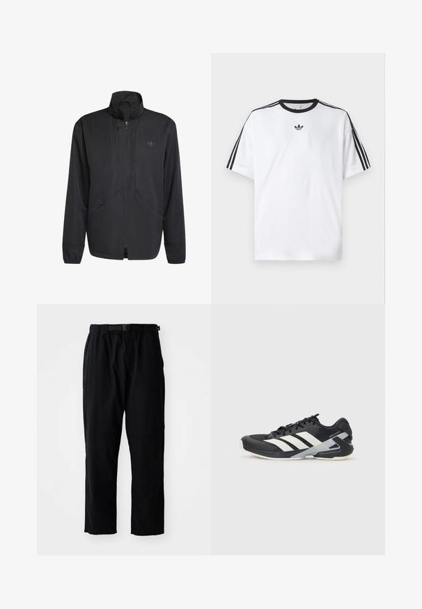 Crna jakna na zatvaranje sa visokim ovratnikom, teksturiranom tkaninom, bočnim džepovima i suptilnim logotipom na prsima. Lagani i sportski dizajn.; Bijela majica od pamuka, s crnim okruglim izrezom i tri crne pruge na svakom ramenu. Mali crni logo na prsima.; Crne, lagane hlače s opuštenim krojem, koje imaju pojas s remenom, ojačane patke na koljenima i dizajn ravnih nogavica.; Crne atletske cipele s bijelim prugama, mrežasta gornja strana, zaobljeni prst i podstavljeni đon. Imaju teksturiranu petu i siguran sustav vezivanja.