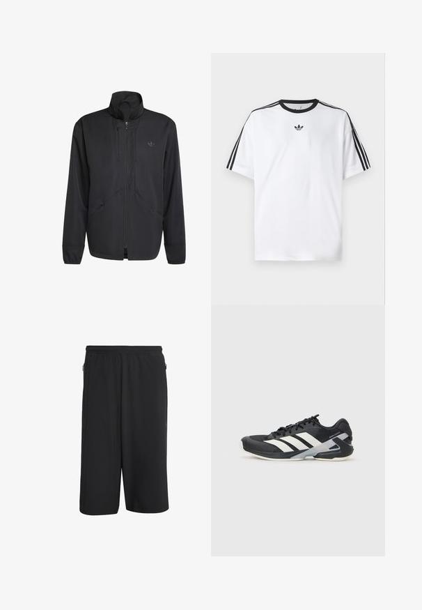 Fekete, cipzáros dzseki magas gallérral, textúrált anyagból, oldalsó zsebekkel és diszkrét logóval a mellkason. Könnyű és sportos dizájn.; Fehér pamut póló, fekete kerek nyakkal, mindkét vállán három fekete csíkkal. Kis fekete logó a mellkason.; Fekete sportos rövidnadrág, elasztikus derékkal, oldalsó cipzárakkal és sima, könnyű anyaggal. Egyszerű, funkcionális dizájn.; Fekete sportcipő fehér csíkokkal, hálós felsőrész, kerek orr és párnázott talp. Texturált sarokkal és biztonságos fűzőrendszerrel rendelkezik.