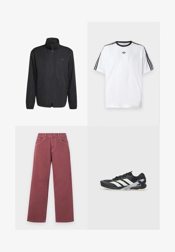 Must musta kinnitusega jope, millel on kõrge kaelus, tekstuuriga kangas, küljetaskud ja diskreetne logo rinnal. Kerge ja sportlik disain.; Valge puuvillane T-särk, millel on must ümmargune kaelus ja kolm musta triipu igal õlal. Rinnal väike must logo.; Laiad jalgadega burgaunia teksad, mis on valmistatud siledast puuvillast, esikülgedel on taskud, vöökohus ja üks nööp sulgemiseks.; Mustad sportlik jalanõud mustade värvidega, valgete triipudega, võrgusilma pealmine osa, ümar varvas ja pehme tallaga. Omab tekstureeritud kontsa ja kindlat paeltesüsteemi.