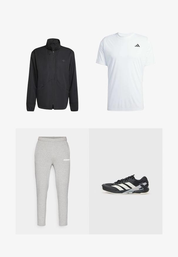 Melna zip-up jaka ar augstu apkakli, teksturētu audumu, sānu kabatām un diskrētu logotipu uz krūtīm. Viegls un sportisks dizains.; Balts īsajām piedurknēm sporta krekls, izgatavots no viegla auduma, ar melnu Adidas logotipu kreisajā augšējā krūtī.; Hummel ELEMENTAL TAPERED PANTS - Treniņtērpa apakšdaļas - grey melange; Melnas sporta kurpes ar baltām svītrām, acs augšdaļa, noapaļots pirksts un mīksts zole. Iespējams ar teksturētu papēdi un drošu šņoru sistēmu.