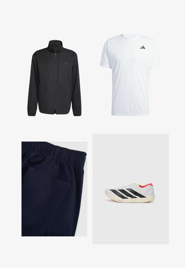Czarna kurtka zapinana na zamek z wysokim kołnierzem, teksturowanym materiałem, bocznymi kieszeniami i subtelnym logo na klatce piersiowej. Lekka i sportowa konstrukcja.; Biała koszulka sportowa z krótkim rękawem, wykonana z lekkiego materiału, z czarnym logo Adidas na górnej lewej części klatki piersiowej.; Granatowe spodnie na gumce o gładkiej fakturze, z boczną kieszenią i prostym designem, podkreślające funkcjonalność i komfort.; Białe buty biegowe z czarnymi paskami, neonowozielonymi akcentami i czerwoną piętą. Posiadają lekką konstrukcję oraz teksturowaną podeszwę zapewniającą przyczepność.