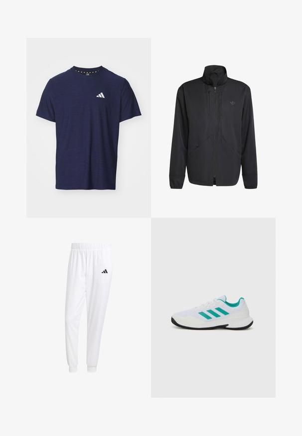 Črna jopica z zipom in visokim ovratnikom, teksturirana tkanina, stranske žepke in neopazno logo na prsih. Lahka in športna zasnova.; Temno modra kratka majica s kratkimi rokavi iz teksturirane tkanine z okroglim izrezom in belim logotipom na levi strani prsnega dela.; Bele atletske hlače iz gladkega materiala, z elastičnim pasom in prilagojenimi manšetami, na zadnjem žepu pa je črna logo.; Bela športna copata s turkiznimi poudarki, mrežna zgornjost, tri vzporedne črte na strani, strukturiran petni del in črn gumijast podplat.
