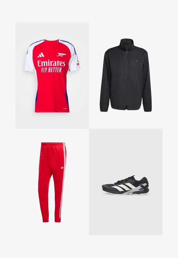 Black zip-up jacket featuring a high collar, textured fabric, side pockets, and a subtle logo on the chest. Lightweight and sporty design.; Red and white athletic shirt with short sleeves, featuring a round neck, blue accents, and the "Emirates Fly Better" logo across the front.; Red athletic pants made of smooth fabric, featuring white side stripes and an embroidered logo on the left thigh. Elastic waistband.; Black athletic shoe with white stripes, mesh upper, rounded toe, and cushioned sole. Features a textured heel and secure lacing system.