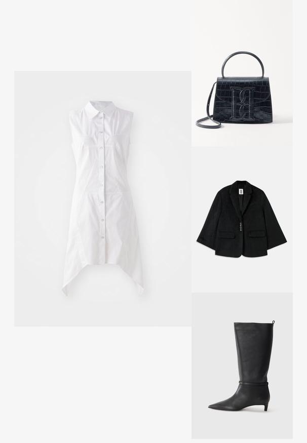 Čierny sako s textúrou z kožušiny, s jedným gombíkom, dvoma prednými vreckami a výrazným klopom. Má štvorcový, skrátený dizajn.; Biele bezrukávové šaty s golierom, predným zapínaním na gombíky, dvoma náprsníkovými vreckami a asymetrickým lemom. Vyrobené z tkaniny.; Čierne kožené vysoké čižmy po kolená s špicatou špičkou, s okrúhlym remienkom okolo členku a nízkym, zúženým podpätkom. Hladký povrch.; Čierna kabelka z krokodílovej embosovanej kože so štruktúrovaným dizajnom, horným uchom, nastaviteľným popruhom a výrazným predným logom.
