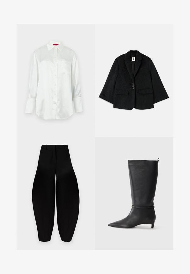 Black fur-textured blazer with a single button closure, two front pockets, and a sharp lapel. Features a boxy, cropped design.; White long-sleeve satin blouse with pointed collar, front buttons, chest pocket, and wide cuffs on a plain background.; Black wide-leg trousers with a high waist, pleated front, and tapered ankles. Made from smooth fabric with a matte finish.; Black leather knee-high boot with a pointed toe, accented by a circular strap around the ankle and a low, tapered heel. Smooth texture.