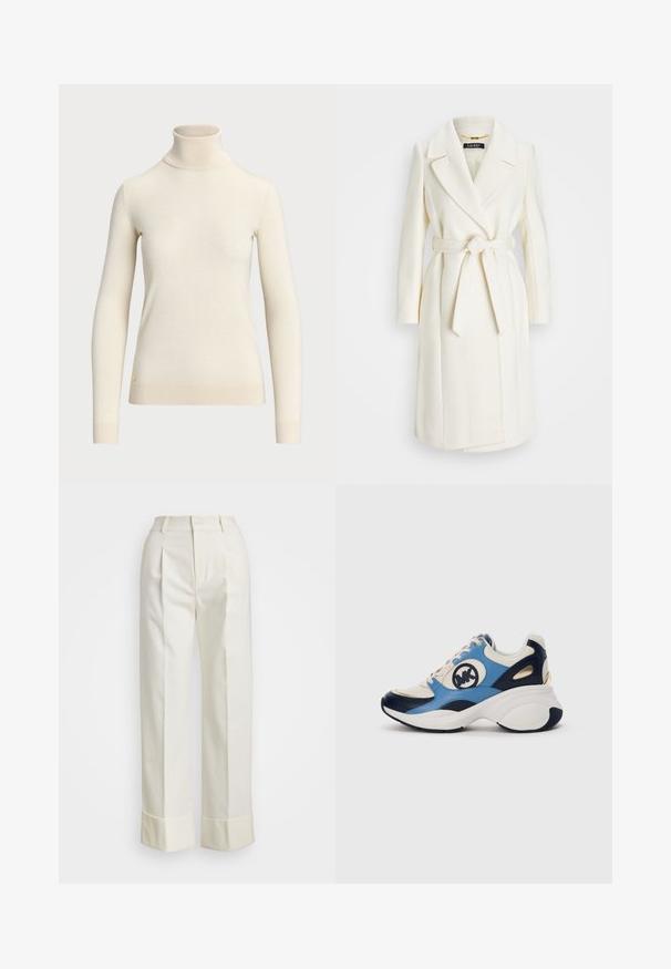 Balts vilnas maisījuma mētelis ar jostu viduklī, iegrieztām atloks, un gariem piedurkņu; tam ir gluda, rakstaina virsma un vidēja garuma dizains.; Kremkrāsas augsta apkakle džemperis, izgatavots no mīksta auduma, ar garām piedurknēm un pieguļošu dizainu. Iekļauts neliels zelta logo uz apakšmalas.; Baltas, piegriezts bikses ar augstu jostu, dubultām priekšējām krokām un platajām kājām ar salocītām malām. Izgatavotas no gludas, strukturētas auduma.; Baltā, tumši zilā un gaiši zilo zamšādas sporta apavi ar masīvu zoli un apaļu izšuvumu logotipu sānos.