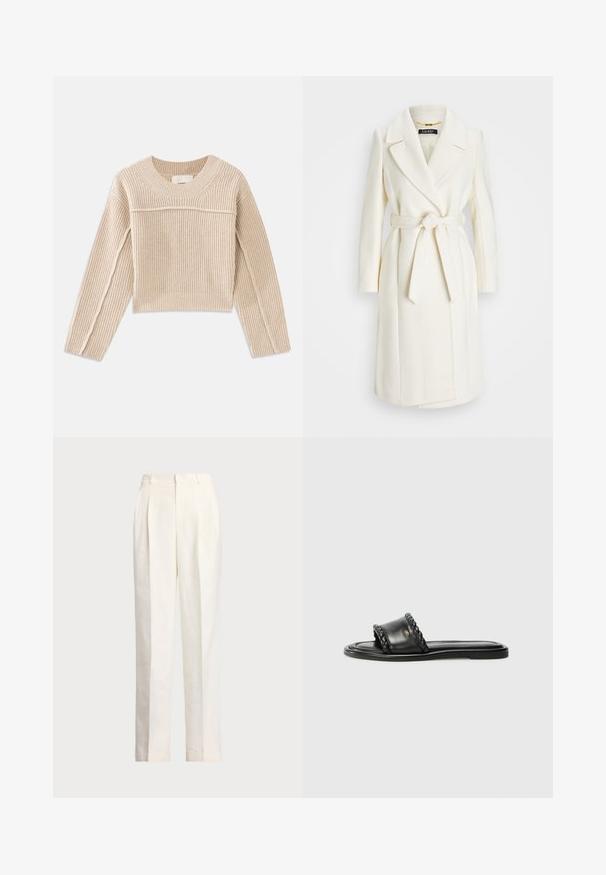 Bijela kaput od vune s mješavinom materijala, s pojasom u struku, reverima i dugim rukavima; ima glatku, teksturiranu završnu obradu i dizajn srednje dužine.; Bežani, rebrasti pleteni skraćeni džemper s dugim rukavima, okruglim izrezom i dekorativnim šavovima duž šavova rukava.; Polo Ralph Lauren HEMP WIDE LEG PANT - Hlače - nevis; Crne kožne sandale s pletenim detaljem na remenu, ravnim potplatom i elegantnim dizajnom. Glatka tekstura i minimalistički profil.