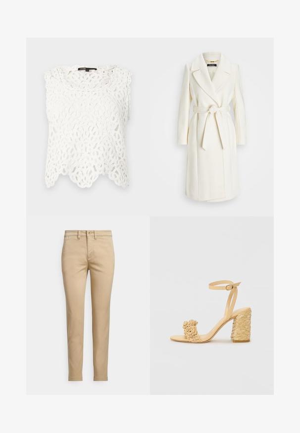 Witte wolmix jas met een ceintuur in de taille, geknipte revers en lange mouwen; heeft een soepele, gestructureerde afwerking en een middellange stijl.; Witte kanten top met een gegolfde zoom en fijne bloemenpatronen. Mouwloos ontwerp met een ronde halslijn en licht, gestructureerd materiaal.; Beige katoenen chino's met een rechte pasvorm, voorzien van een knoopsluiting, voorzakken en gestikte details langs de naden.; Beige hoge hak sandaal met een gevlochten textuur, voorzien van een decoratieve bloem en enkelbandje. Vierkante hak zorgt voor stabiliteit.
