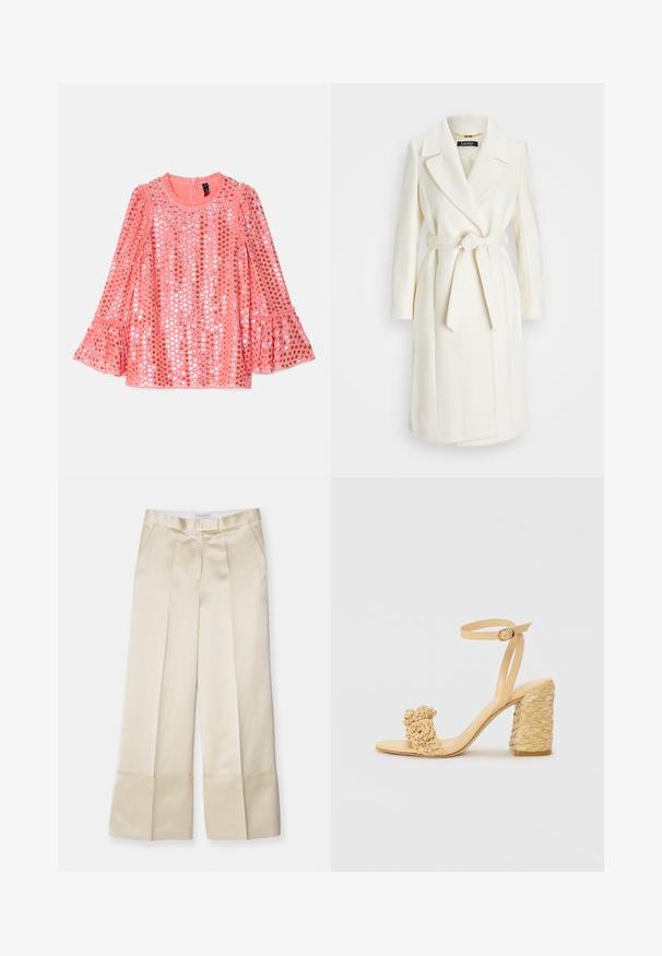 Biely kabát zo zmesi vlny s opaskom v páse, zúženými klopami a dlhými rukávmi; má hladký, textúrovaný povrch a strednú dĺžku.; Ružová blúzka s dlhým rukávom a zaobleným výstrihom, zdobená flitrami a rozšírenými manžetami. Mäkka tkanina s hladkou textúrou a jemným leskom.; Béžové nohavice s širokými nohavicami vyrobené z hladkej tkaniny, s vysokým pásom, prehnutým predným dielom a zloženým lemom, obsahujú bočné vrecká a čistý finiš.; Béžové sandále na vysokom podpätku s opletenou textúrou, ozdobené kvetinou a popruhom na členku. Štvorcová päta zvyšuje stabilitu.