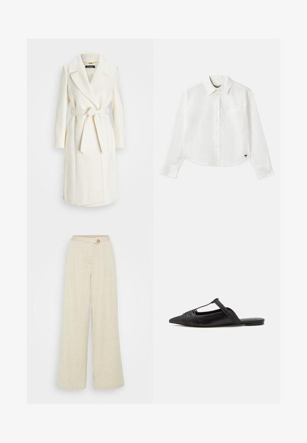 White wool blend coat with a belted waist, notched lapels, and long sleeves; features a smooth, textured finish and a mid-length design.; White cropped long-sleeve shirt made of cotton. Features a button-up front, a chest pocket, and a small black logo on the bottom left.; Wide-legged trousers made of beige linen, featuring a front button closure, pleats, and a smooth texture.; Black leather slingback shoe with a pointed toe, featuring a woven accent and pleated upper design. Flat sole with minimal hardware.