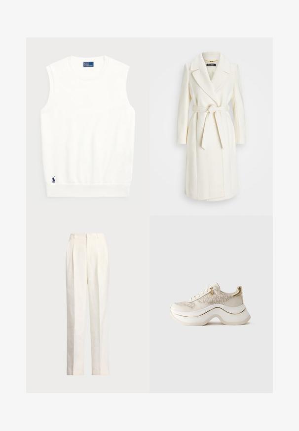 Biały płaszcz z mieszanki wełny z paskiem w talii, klapami i długimi rękawami; charakteryzuje się gładkim, teksturowanym wykończeniem i średniej długości krojem.; Biały bezrękawnik z gładkiej bawełny, z odstającym dołem i małym granatowym logo w lewym dolnym rogu. Prosty design, bez wzorów.; Polo Ralph Lauren - Spodnie materiałowe; Beżowe i złote platformowe sneakersy z wzorem "MK", z przodem na sznurówki, złotym zawieszką i grubą falistą podeszwą na jednolitym tle.