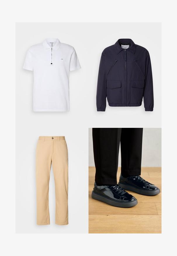 Veste bleu marine avec fermeture éclair à l'avant, col pointu, deux grandes poches frontales et deux poches zippées en biais sur la poitrine. Fabriquée en matériau lisse et léger.; Polo shirt blanc avec col zippé court, logo brodé sur la poitrine, et en matériau coton doux au toucher lisse.; Pantalons en coton kaki avec une coupe droite, dotés d'une fermeture à bouton à l'avant et de passants de ceinture. Texture lisse et surface unie.; Baskets en cuir verni noir avec une semelle en caoutchouc texturé, bout rond et lacets assortis en noir, associées à un pantalon noir sur un sol en bois.