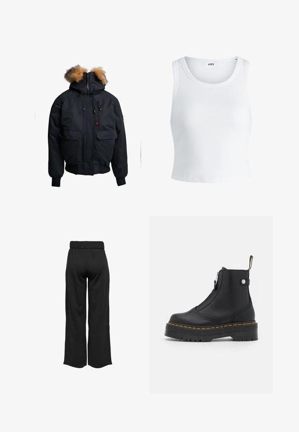 Melna ziemas jaka ar kažokādas ap malām, ar priekšējo rāvējslēdzēju, divām lielām priekšējām kabatām un elastīgām aprocēm. Sarkanā krāsā akcenti uz rāvējslēdzēja.; Balts ribots topiņš ar apaļu kakla izgriezumu, bez piedurknēm un īsā garumā. Uz birkas ir rakstīts "JJXX." Gluda auduma tekstūra.; Melnas, platas bikses ar elastīgu jostu, izgatavotas no gludas auduma. Iespējamā tīra dizaina ar bez kabatām un redzamām šuvēm.; Melnas potītes zābaki, kas izgatavoti no gludas ādas, ar sānu rāvējslēdzēju, dzeltenu diegu un biezu, rievotu gumijas zoli.