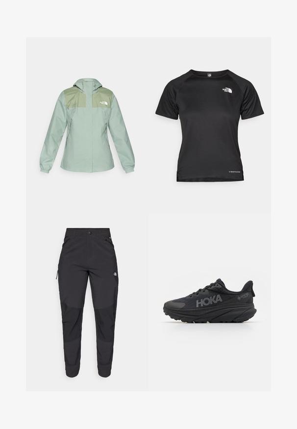 Chaqueta resistente al agua de color verde claro con capucha, que presenta paneles de hombro en verde oscuro, puños elásticos y bolsillos laterales con cremallera.; Camiseta atlética negra de manga corta hecha de tejido ligero. Presenta un cuello redondo, un patrón texturizado y un logotipo blanco en la parte superior izquierda del pecho.; Pantalones exteriores negros hechos de tela duradera. Cuentan con bolsillos con cremallera, refuerzos en las rodillas y un diseño de corte recto para mayor movilidad.; Zapatillas de correr negras con parte superior de malla, detalles texturizados y marca HOKA. Incluyen una suela gruesa y curvada y Gore-Tex para resistencia al agua.