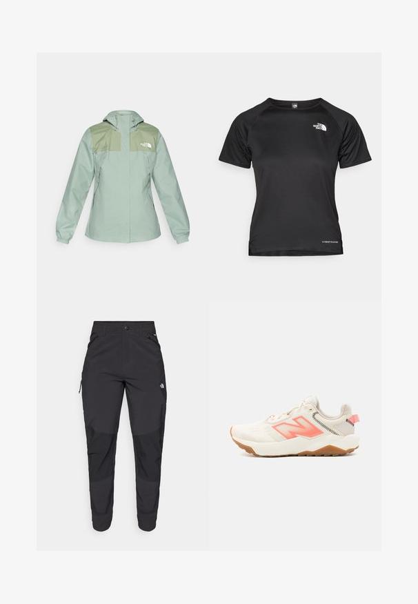 Wasserabweisende hellgrüne Jacke mit Kapuze, ausgestattet mit dunkelgrünen Schulterpaneelen, elastischen Bündchen und seitlichen Reißverschlusstaschen.; Schwarzes Kurzarm-Sportshirt aus leichtem Stoff. Mit Rundhals, strukturiertem Muster und weißem Logo auf der oberen linken Brust.; Schwarze Outdoor-Hosen aus strapazierfähigem Material. Verfügen über Reißverschlusstaschen, verstärkte Knieeinsätze und ein gerades Design für Beweglichkeit.; Beige Sport Schuh mit einer strukturierten Oberseite, rosa Akzenten und einer leichten Gummisohle. Merkmale ein auffälliges 'N'-Logo und ein gepolstertes, leichtes Design.