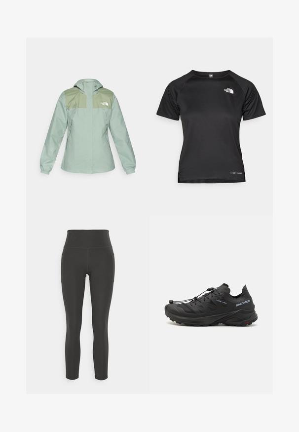 Ūdensizturīga gaiši zaļa jaka ar kapuci, komplektā ar tumši zaļām plecu daļām, elastīgām piedurknēm un ar rāvējslēdzēju aizveramām sānu kabatām.; Melnas īsām piedurknēm sporta krekliņš, kas izgatavots no viegla materiāla. Tam ir apaļa izgriezne, teksturēta rakstura un balts logo kreisajā augšējā krūtīs.; Augsta vidukļa melnas legingi, izgatavotas no elastīga auduma ar gludu tekstūru; aprīkotas ar sānu kabatām un plakanu šuvju priekšrocībām, lai nodrošinātu papildu komfortu.; Melnas skriešanas kurpes ar teksturētu augšdaļu, acs paneļiem un drošu aizdari. Iespējām raupja zole labākai saķerei.