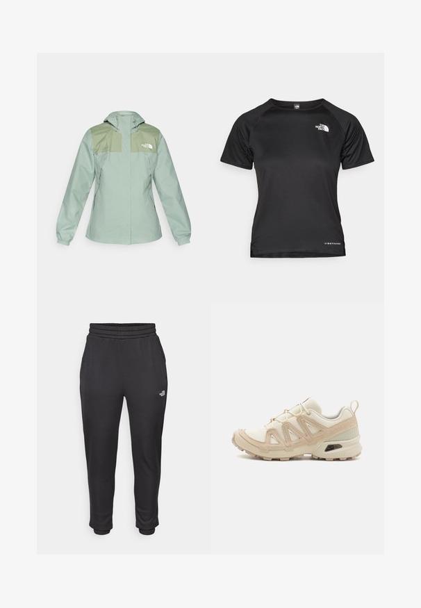 Vannavstøtende lys grønn jakke med hette, med mørkegrønne skulderpaneler, elastiske mansjetter og glidelås-lomme på sidene.; Svart t-skjorte med korte ermer i lett stoff. Har rund hals, strukturert mønster, og en hvit logo på øverste venstre bryst.; Sorte joggebukser med elastisk midje og mansjetter, laget av mykt stoff, med sidelommer og en logo på venstre lår.; Beige og krem joggesko med teksturert mesh-overdel, støttende overlegg og gummisåle med et mønster for godt grep.