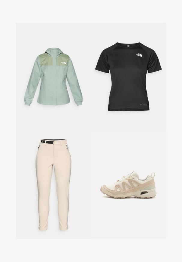 Vandafvisende lys grøn jakke med hætte, der har mørkegrønne skulderpaneler, elastiske manchetter og lynlåslommer på siden.; Sort kortærmet træningsshirt lavet af letvægtsmateriale. Har en rund hals, tekstureret mønster og et hvidt logo på den øverste venstre bryst.; Beige, tætsiddende bukser lavet af et tekstureret stof. Har en sort justerbar talje og lynlåslommer på siderne.; Beige og creme atletiksko med struktureret mesh-overdel, støttende overlays og gummiyderside med et mønster for trækkraft.