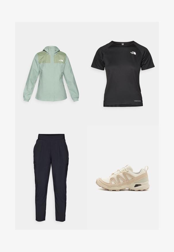 Vedenkestävä vaaleanvihreä takki hupulla, jossa on tummanvihreät olkatoppaukset, joustavat hihansuut ja vetoketjulliset sivutaskut.; Mustapaitainen lyhythihainen urheilupaita, joka on valmistettu kevyestä kankaasta. Siinä on pyöreä kaula-aukko, teksturoitu kuosi ja valkoinen logo vasemmassa ylärinnassa.; Mustat kapenevat housut, joissa on leveä, joustava vyötärö, etupainanteet ja sivutaskut. Valmistettu sileästä, kevyestä kankaasta.; Beige ja kreemi värvi sportlikud jalanõud, millel on tekstiilne mesh ülemine osa, toetavad ülekatted ja kummist tald, millel on mustripattern haardeks.