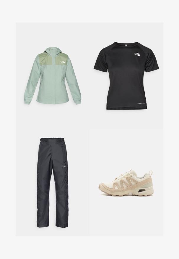 Vízálló, világoszöld dzseki kapucnival, sötétzöld vállpanelek, elasztikus mandzsetták és cipzáras oldalzsebek jellemzik.; Fekete, rövid ujjú sportpóló, könnyű anyagból készült. Kerek nyakkivágással, textúrált mintázattal és egy fehér logóval a bal felső mellrészen.; Berghaus DELUGE 2.0 - Szabadtéri nadrágok - black; Beige és krém színű sportcipő, texturált hálós felsőrésszel, támogató burkolattal és gumitalppal, amely tapadás érdekében bordázott mintázattal rendelkezik.