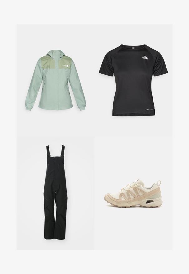 Vandens nepraleidžiantis šviesiai žalias striukė su kapišonu, turinti tamsiai žalias pečių dalis, elastingus rankogalius ir užtrauktuku užsegamas šonines kišenes.; Juoda trumpomis rankovėmis sportinė marškinėliai, pagaminti iš lengvos medžiagos. Turi apvalią kaklą, tekstūruotą raštą ir baltą logotipą kairiajame krūtinės viršuje.; Juodi vandeniui atsparūs kelnių kombinezonai turi reguliuojamus diržus, užtrauktuku užsegamą kišenę ant krūtinės ir sustiprintas kelnės dalis kelių srityje ilgaamžiškumui.; Bežinės ir kreminės spalvos sportinės bateliai su tekstūruoto tinklelio viršutine dalimi, palaikančiomis detalėmis ir guminiais padais, turinčiais raštą, užtikrinantį sukibimą.