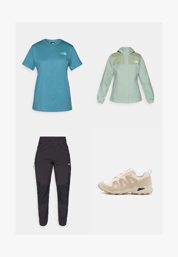 Voděodolná světle zelená bunda s kapucí, s tmavozelenými ramenními panely, elastickými manžetami a kapsami na zip po stranách.; Tyrkysový tričko s krátkým rukávem vyrobené z bavlny, s kulatým výstřihem a malým bílým logem potištěným na levé části hrudníku.; Černé venkovní kalhoty vyrobené z odolné tkaniny. Mají zipové kapsy, zesílené kolenní panely a rovný střih pro větší pohyblivost.; Béžová a krémová sportovní obuv s texturovaným síťovaným svrškem, podpůrnými překryvy a gumovou podrážkou s dezénem pro lepší přilnavost.