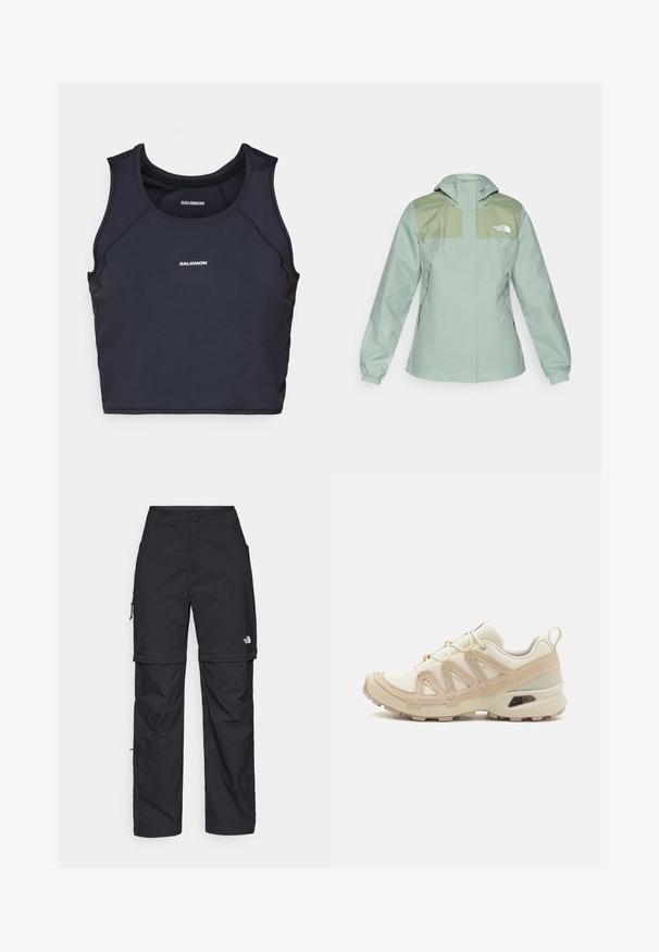 Vandens nepraleidžiantis šviesiai žalias striukė su kapišonu, turinti tamsiai žalias pečių dalis, elastingus rankogalius ir užtrauktuku užsegamas šonines kišenes.; Juodas sportinis maikė su prigludusia forma, apvaliu iškirpimu ir lygiais siūlėmis. Priekyje yra balta "Salomon" logotipas.; Juodos nailoninės krovinių kelnės su reguliuojamais rankovėmis, daugybe kišenių ir logo ant dešinės kojos. Lygi, lengva tekstūra.; Bežinės ir kreminės spalvos sportinės bateliai su tekstūruoto tinklelio viršutine dalimi, palaikančiomis detalėmis ir guminiais padais, turinčiais raštą, užtikrinantį sukibimą.