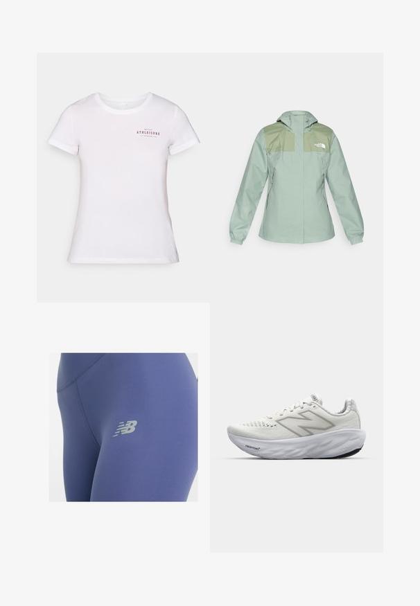 Chaqueta resistente al agua de color verde claro con capucha, que presenta paneles de hombro en verde oscuro, puños elásticos y bolsillos laterales con cremallera.; Camiseta de algodón blanca con mangas cortas y cuello redondo. En el frente tiene un texto rojo: "ONLY PLAY ATHLEISURE EST. ACTIVE LIFE 2006."; Leggings de tejido azul profundo con una textura suave, que presentan un logo gris reflectante en el muslo y costuras planas para mayor comodidad.; Zapatillas deportivas blancas con parte superior de malla, que cuentan con un cuello acolchado, suela texturizada y la marca "Fresh Foam" en la entresuela.