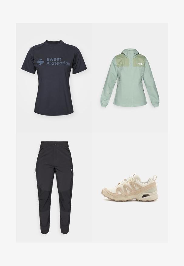 Voděodolná světle zelená bunda s kapucí, s tmavozelenými ramenními panely, elastickými manžetami a kapsami na zip po stranách.; Černé tričko s krátkým rukávem, vyrobené z hladké tkaniny, na přední straně s textem "Sweet Protection" v kontrastní tmavě modré barvě.; Černé venkovní kalhoty vyrobené z odolné tkaniny. Mají zipové kapsy, zesílené kolenní panely a rovný střih pro větší pohyblivost.; Béžová a krémová sportovní obuv s texturovaným síťovaným svrškem, podpůrnými překryvy a gumovou podrážkou s dezénem pro lepší přilnavost.