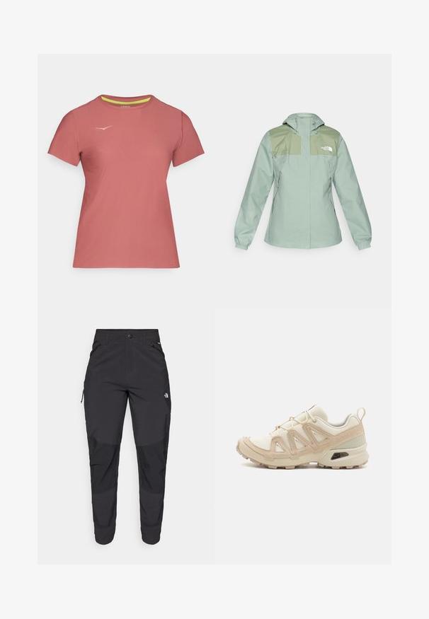 Αδιάβροχο φως πράσινο σακάκι με κουκούλα, που διαθέτει σκούρα πράσινα πάνελ στους ώμους, ελαστικές μανσέτες και πλαϊνές τσέπες με φερμουάρ.; T-shirt κοντής μανικιού από μαλακό, ελαφρύ ύφασμα. Είναι ροζ, έχει στρογγυλή λαιμόκοψη και διακριτικό λογότυπο στη στήθος με αντίθεση στη λαιμόκοψη.; Μαύρο παντελόνι εξωτερικού χώρου από ανθεκτικό ύφασμα. Διαθέτει τσέπες με φερμουάρ, ενισχυμένα πάνελ γόνατος και ευθεία κοπή για ελευθερία κινήσεων.; Μπεζ και κρεμ αθλητικό παπούτσι με υφασμάτινη άνω επιφάνεια με υφή, υποστηρικτικά overlay και καουτσούκ σόλα με σχέδιο πέλματος για πρόσφυση.