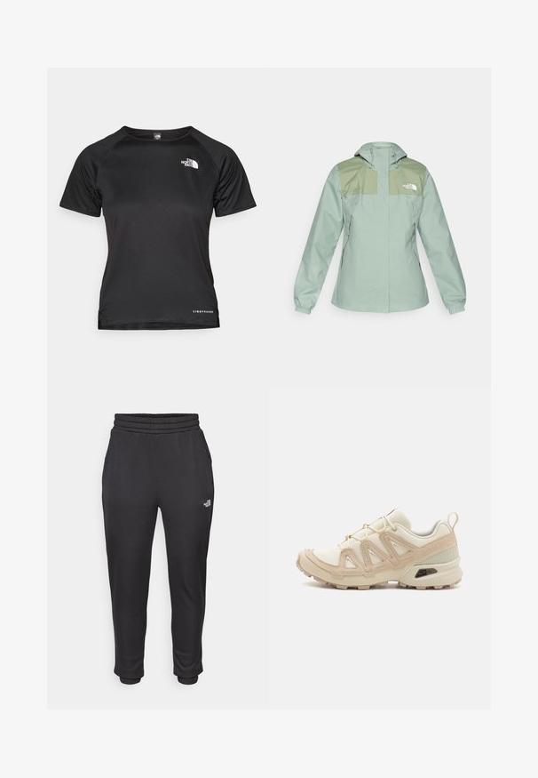 Αδιάβροχο φως πράσινο σακάκι με κουκούλα, που διαθέτει σκούρα πράσινα πάνελ στους ώμους, ελαστικές μανσέτες και πλαϊνές τσέπες με φερμουάρ.; Μαύρο αθλητικό μπλουζάκι κοντό μανίκι κατασκευασμένο από ελαφρύ ύφασμα. Διαθέτει στρογγυλή λαιμόκοψη, υφασμάτινο σχέδιο και λευκό λογότυπο στη δεξιά πλευρά του στήθους.; Μαύρες φόρμες με ελαστική μέση και μανσέτες, φτιαγμένες από μαλακό ύφασμα, με πλευρικές τσέπες και λογότυπο στο αριστερό μηρό.; Μπεζ και κρεμ αθλητικό παπούτσι με υφασμάτινη άνω επιφάνεια με υφή, υποστηρικτικά overlay και καουτσούκ σόλα με σχέδιο πέλματος για πρόσφυση.